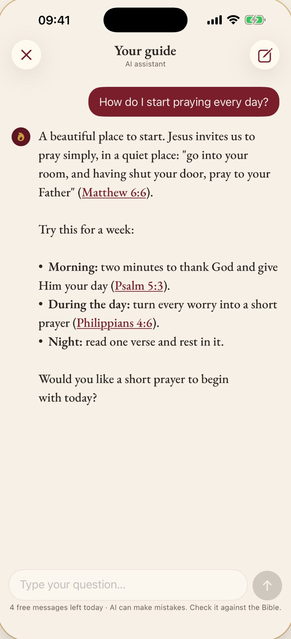 AI Bible guide answering “How do I start praying every day?” with citations such as Matthew 6:6