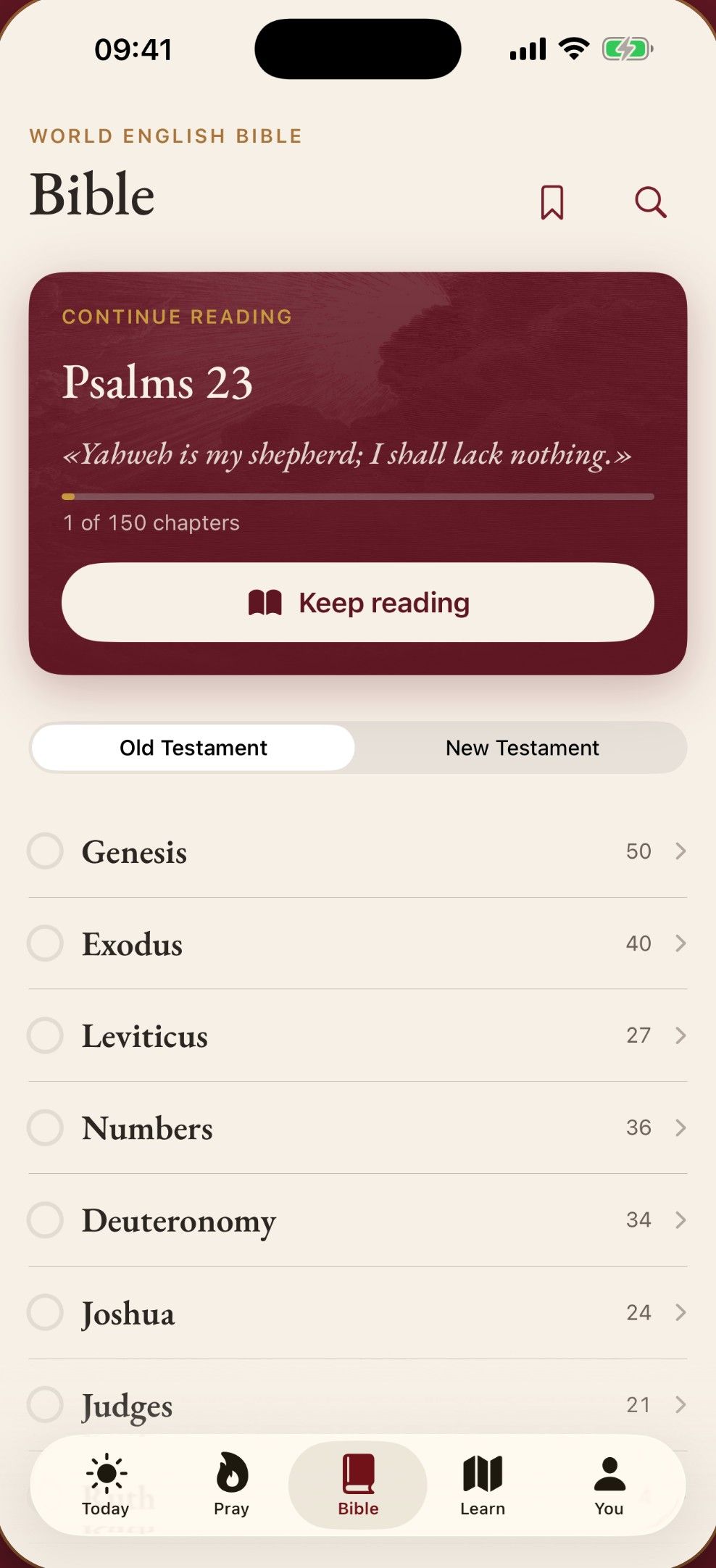 World English Bible reader: continue reading Psalm 23 and the list of Old Testament books