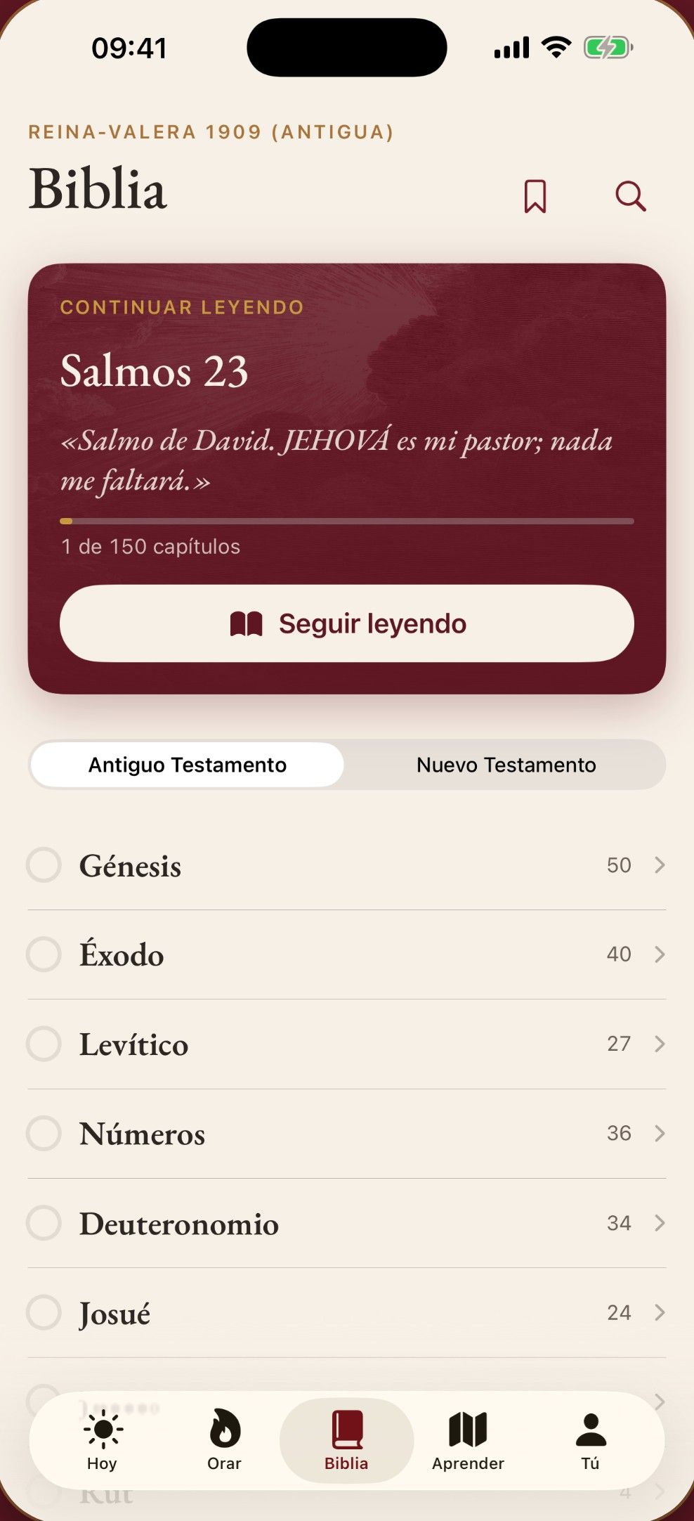Biblia Reina-Valera 1909: continuar leyendo el Salmo 23 y la lista de libros del Antiguo Testamento