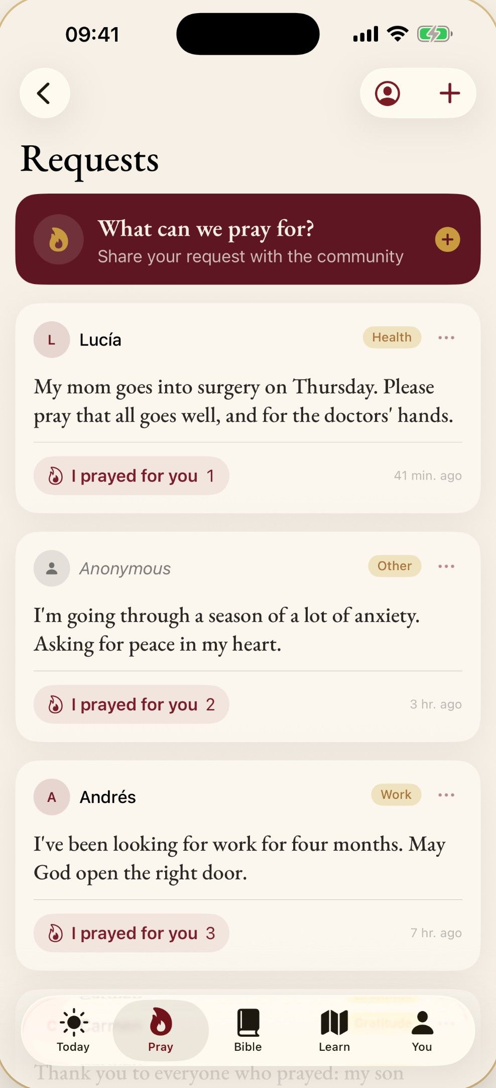 Prayer wall: community requests with the “I prayed for you” button