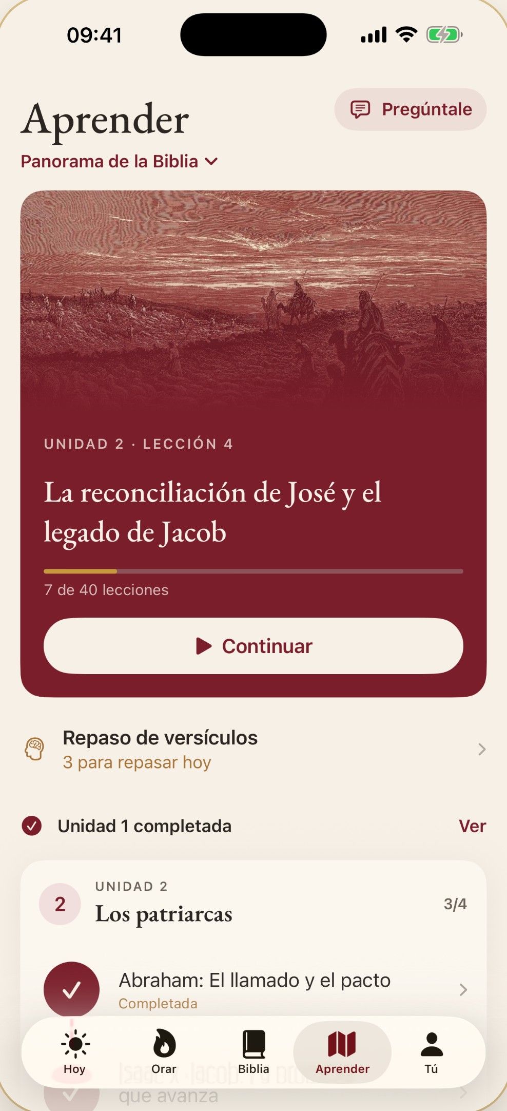 Pestaña Aprender: curso Panorama de la Biblia con la lección del día