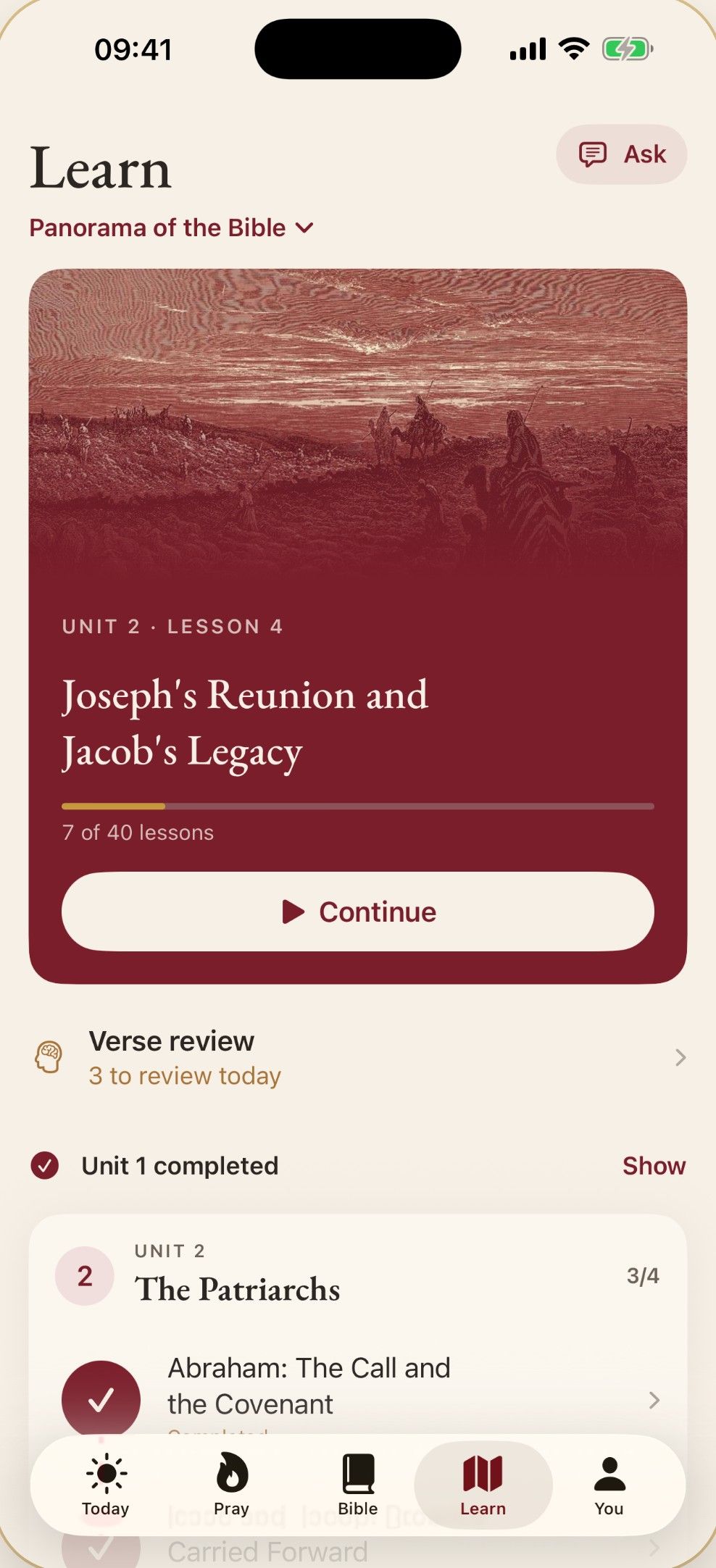 Learn tab: the Panorama of the Bible course with today’s lesson